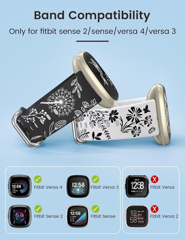 2 Packs Floral Engraved Band Compatible with  Versa 4 Bands Versa 3 Bands Sense 2 Sense Bands Women, Cute Two-Tone Flower Soft   Strap for Versa 3 4 Sense 2 Watch Band