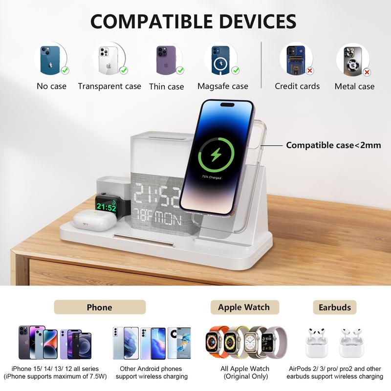 6 in 1 Wireless Charging Station, Magsafe Fast Charger with Bluetooth TimeSync, Touch Night Light, Time   Week   Indoor Temperature Display, 30W Adapter Included for iPhone 15   14   13   12   11 Series & AirPods & iWatch & Android Phone