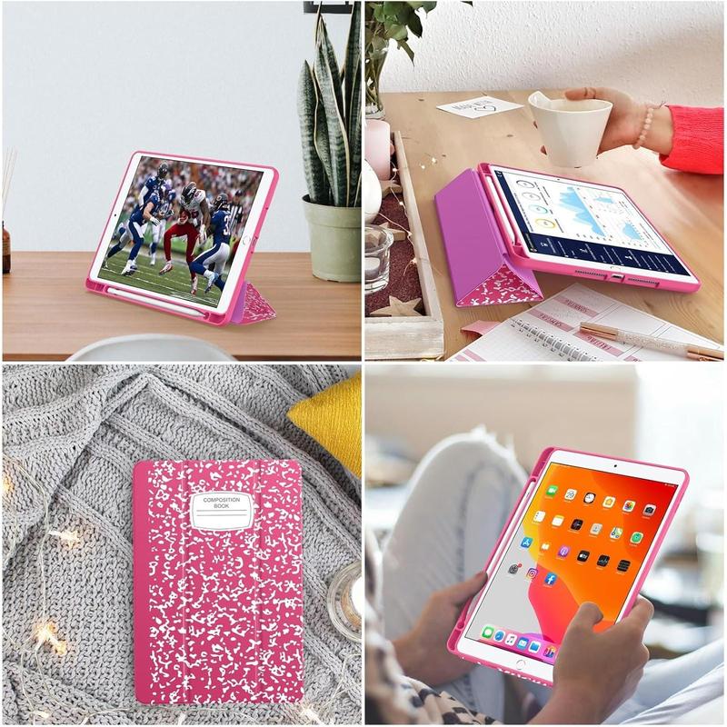 for iPad 10.2 Case with Pencil Holder for iPad 9th Generation 2021 8th Gen 2020 7th Gen 2019-Premium Shockproof Case with Soft TPU Back Cover & Auto Sleep Wake for iPad 10.2 Inch,Book Hot Pink