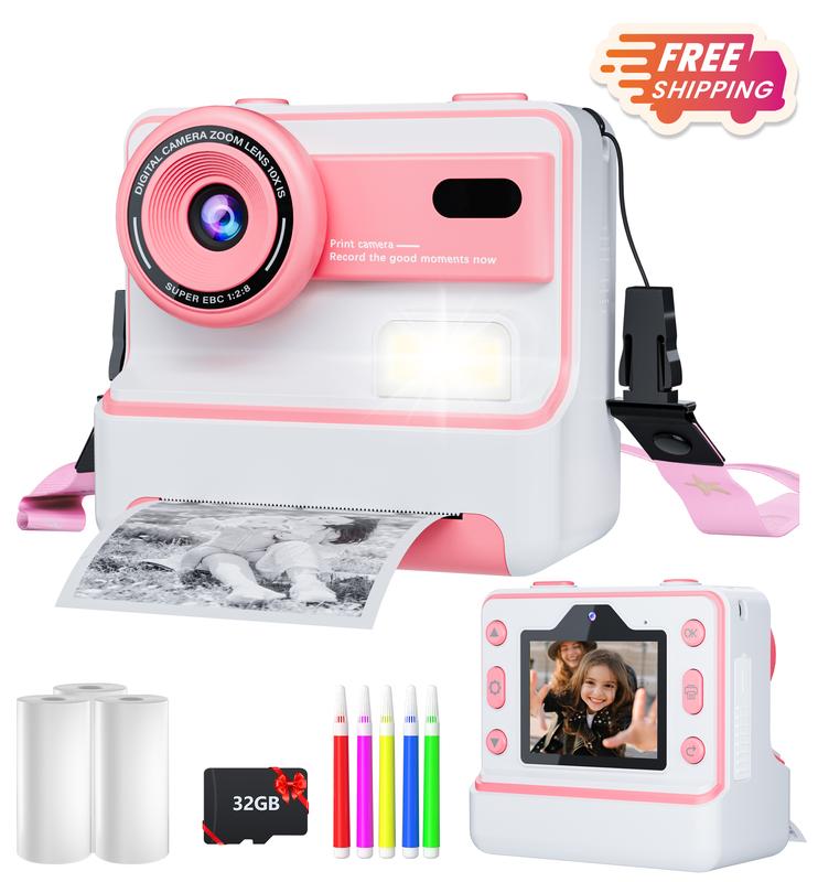 Instant print camera for kids, creative halloween and birthday gift for boys and girls ages 6 and up, HD digital camera with thermal paper, educational children's toy camera, portable instant print camera, includes 32GB SD card