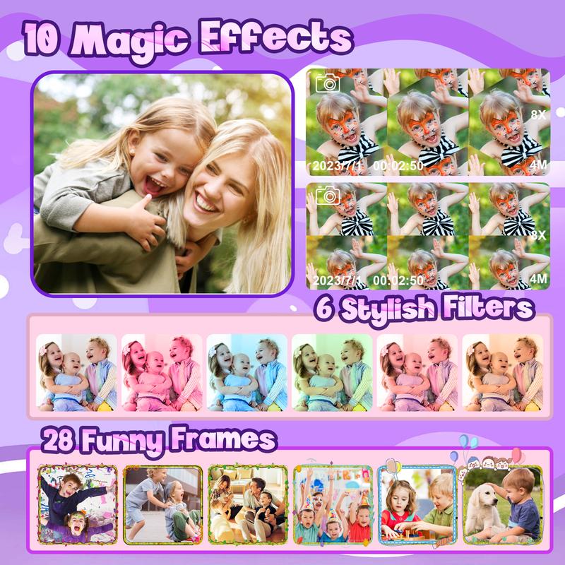 Spring Gifts Kids Camera Toy, 1920*1080P & 48MP Camera, 32G Memory Card, 8x zoom and 28 photo effects, 10 magic effects and 6 stylish Filters for Multi-Scene