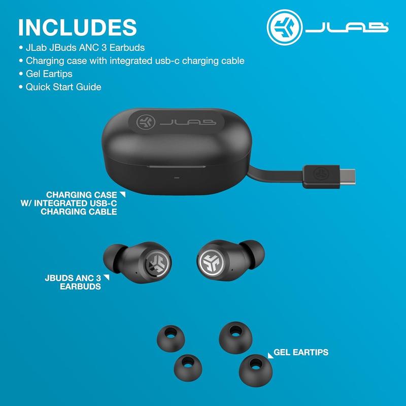 JLab JBuds ANC 3 True Wireless Bluetooth Earbuds, Integrated Charging Case, 42+ Hours Playtime, Customize Sound Touch Controls, iPhone   Android