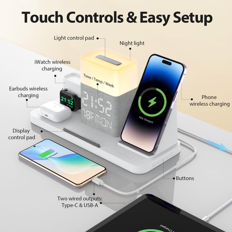 6 in 1 Wireless Charging Station, Magsafe Fast Charger with Bluetooth TimeSync, Touch Night Light, Time   Week   Indoor Temperature Display, 30W Adapter Included for iPhone 15   14   13   12   11 Series & AirPods & iWatch & Android Phone