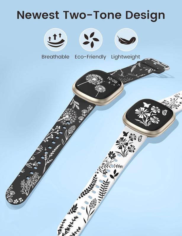 2 Packs Floral Engraved Band Compatible with  Versa 4 Bands Versa 3 Bands Sense 2 Sense Bands Women, Cute Two-Tone Flower Soft   Strap for Versa 3 4 Sense 2 Watch Band