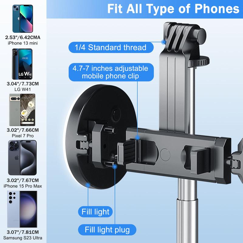 Selfie Stick Tripod with Dual Fill Lights   , New 6- in -1 Retractable Travel Tripod Accessories Portable Adjustable Android Cellphone Mobile Storage,Live and Douyin Video，Compatible all iphone &Android Smartphone