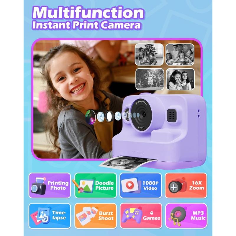 Instant Camera Toys for  3-12 Girls Boys Christmas Birthday Party Gift Ideas - 2.4 inch IPS Screen  Digital Camera with 1080P Video Recorder 32GB SD Card with 3 Paper Rolls Purple