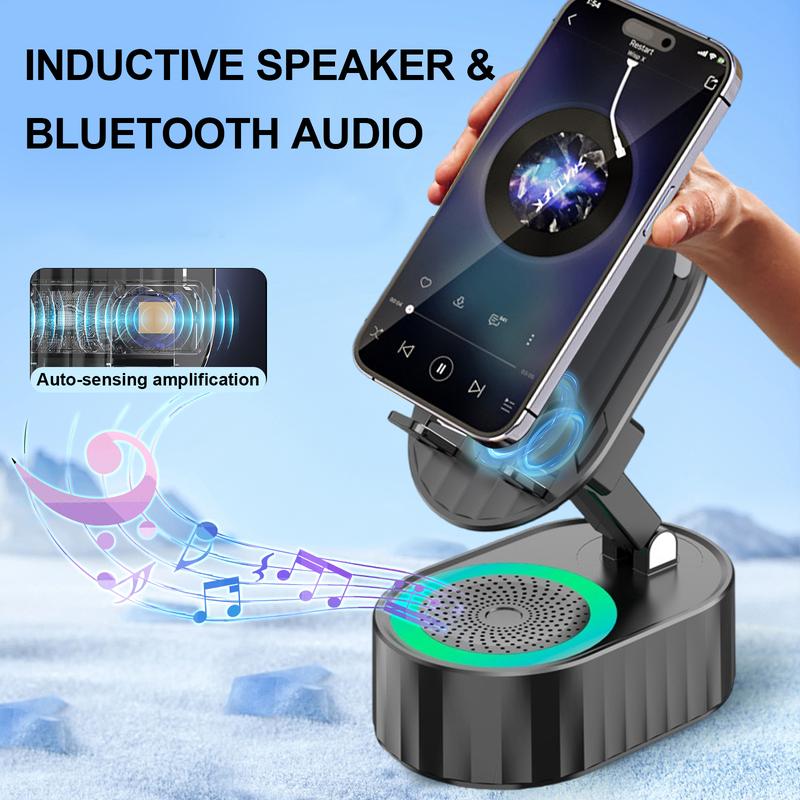 Black Friday Wireless Induction Audio Bluetooth Speaker 5in1 Phone Holder Emergency Rechargeable (3000mAh) Portable Power Tablet Stand With Colorful Ambient Light 300° Foldable for iPhone Android Non-Slip Base, Unique Cool Gadget Tech Gifts