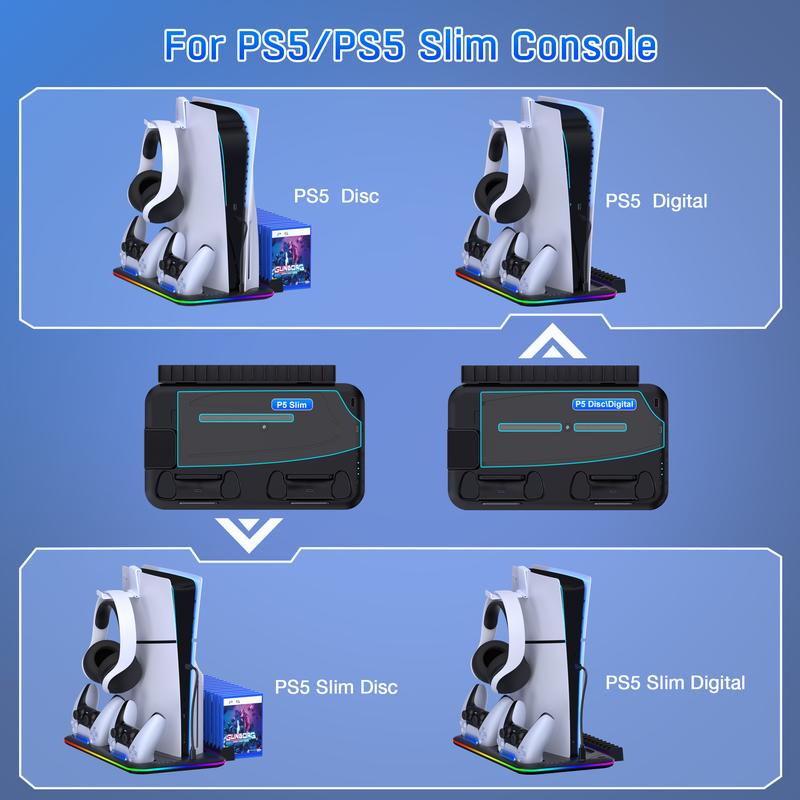 ESYWEN PS5 Cooling Stand Compatible with PS5 Disc & Digital with RGB Light Upgrade Cooling Fan, Dual Controller Charging Dock