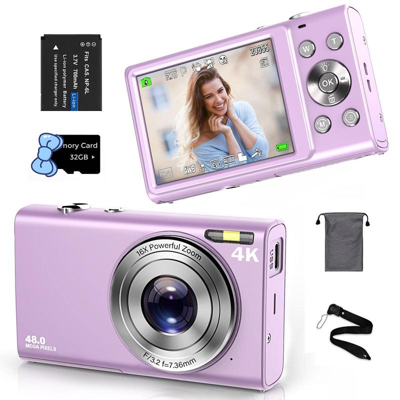 4K 48 Million Pixel Digital Cameras, Autofocus, 16X Digital Zoom, with 32G Memory Card, Mini Camera, Vintage Digital Camera for Entry-level Photographers, Vintage Camera, Digital Cameras, Compact Camera, Photo Camera, Stocking Fillers Gift