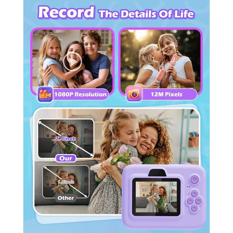 Instant Camera Toys for  3-12 Girls Boys Christmas Birthday Party Gift Ideas - 2.4 inch IPS Screen  Digital Camera with 1080P Video Recorder 32GB SD Card with 3 Paper Rolls Purple