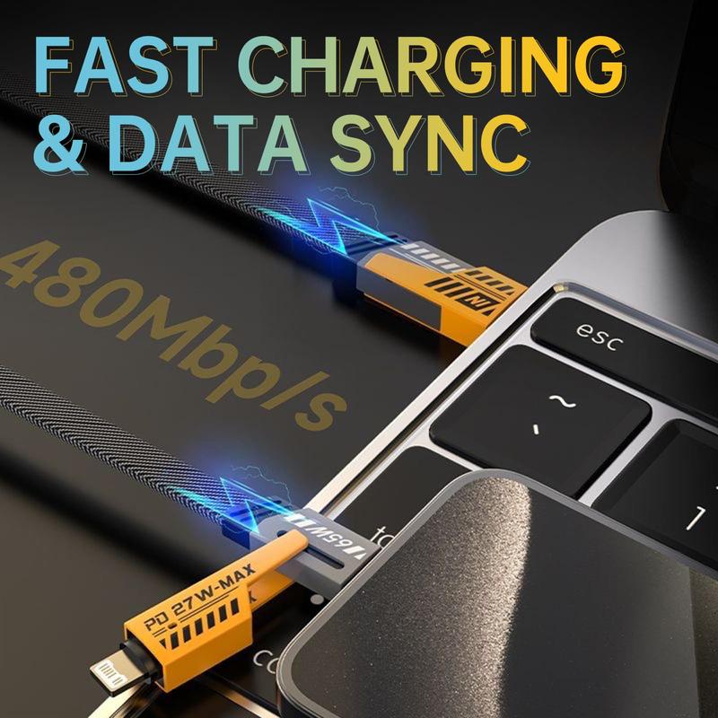 4-in-1 65W USB Type C Cable, PD 27W Fast Charging & Data Sync Lighting Charger Cord Compatible with iPhone iPad MacBook Samsung Smartphones, 3.28ft