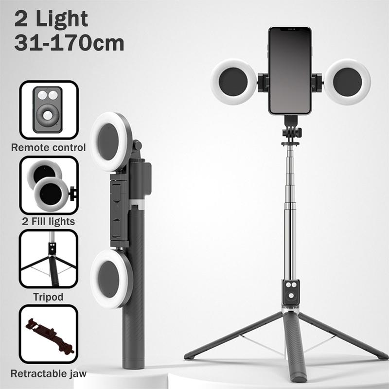 Selfie Stick Tripod with Dual Fill Lights   , New 6- in -1 Retractable Travel Tripod Accessories Portable Adjustable Android Cellphone Mobile Storage,Live and Douyin Video，Compatible all iphone &Android Smartphone