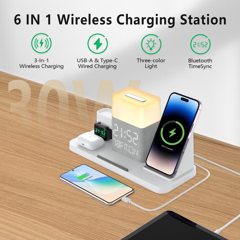 6 in 1 Wireless Charging Station, Magsafe Fast Charger with Bluetooth TimeSync, Touch Night Light, Time   Week   Indoor Temperature Display, 30W Adapter Included for iPhone 15   14   13   12   11 Series & AirPods & iWatch & Android Phone