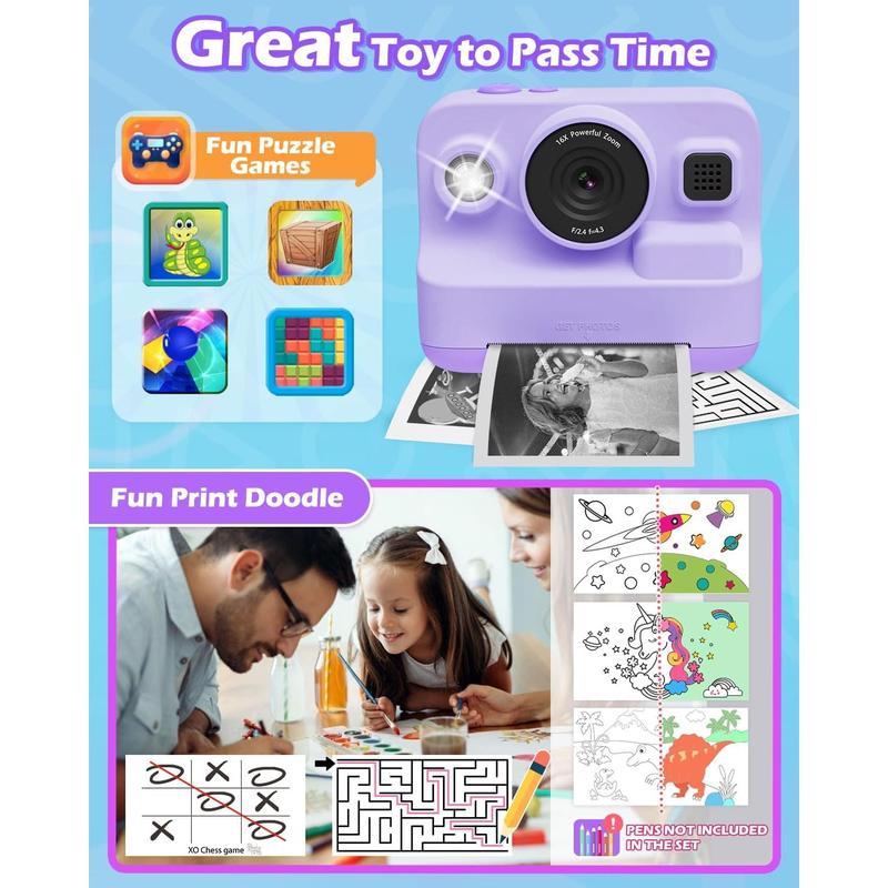 Instant Camera Toys for  3-12 Girls Boys Christmas Birthday Party Gift Ideas - 2.4 inch IPS Screen  Digital Camera with 1080P Video Recorder 32GB SD Card with 3 Paper Rolls Purple