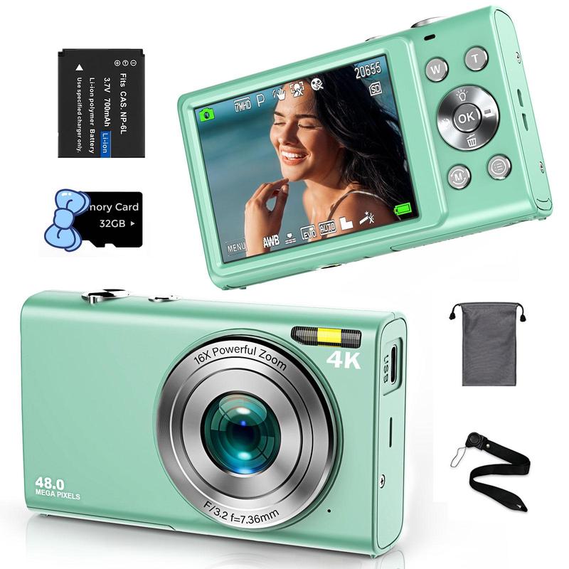 4K 48 Million Pixel Digital Cameras, Autofocus, 16X Digital Zoom, with 32G Memory Card, Mini Camera, Vintage Digital Camera for Entry-level Photographers, Vintage Camera, Digital Cameras, Compact Camera, Photo Camera, Stocking Fillers Gift