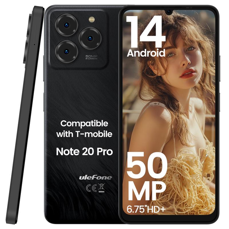 Ulefone Note 20 Pro Unlocked Phones, Android 14 OS, 8GB+128GB ROM 1TB Extension, 6.75” HD+ 90Hz Screen 6000mAh Battery Smartphone, 50MP Main Camera, 4G Dual SIM Cell Phone, Widevine L1 Certified - Black Cellphone