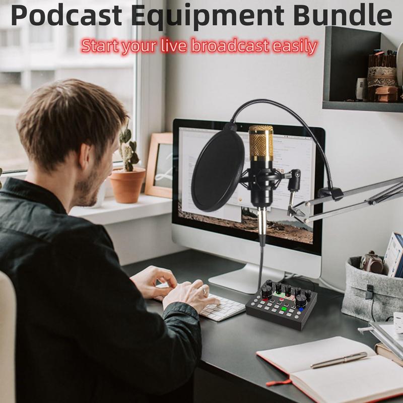 Professional Podcast Studio Equipment Kit, USB Rechargeable Condenser Microphone & Audio Interface & Sound Card, Live Streaming Equipment for YouTube & Twitch