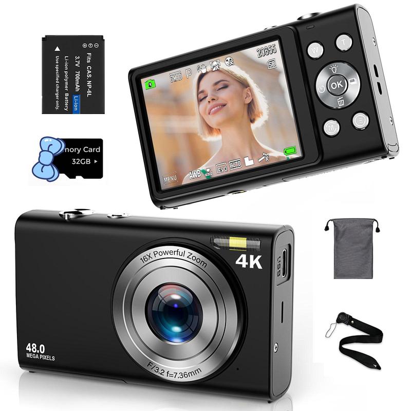 4K 48 Million Pixel Digital Cameras, Autofocus, 16X Digital Zoom, with 32G Memory Card, Mini Camera, Vintage Digital Camera for Entry-level Photographers, Vintage Camera, Digital Cameras, Compact Camera, Photo Camera, Stocking Fillers Gift