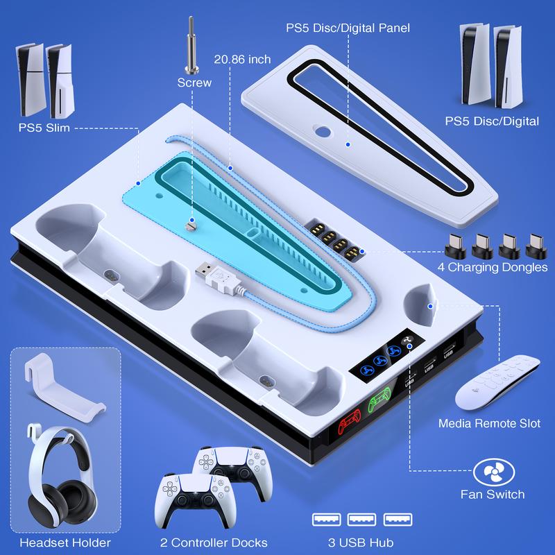 PS5 Stand with Cooling Stand &harger Station,BEBONCOOL PS5 Accessories with Cooling Station for Playstation 5 Slim % PS5 Console