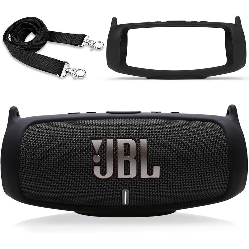 Silicone Case cover for JBL Charge 5 speaker, travel protective carrying gel soft skin, waterproof rubber pouch with shoulder strap (black)