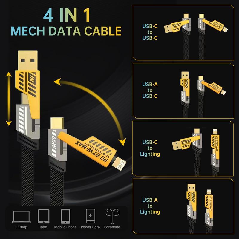 4-in-1 65W USB Type C Cable, PD 27W Fast Charging & Data Sync Lighting Charger Cord Compatible with iPhone iPad MacBook Samsung Smartphones, 3.28ft