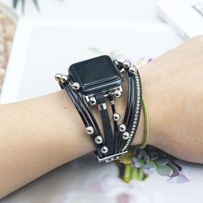 Boho Style Beaded Bracelet Watch Band (Band Only), Fashionable Multilayer PU Leather Watch Band for Women, Smart Watch Accessories for iWatch Bands SE Series 9 8 7 6 5 4 3 2 1