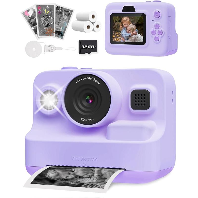 Instant Camera Toys for  3-12 Girls Boys Christmas Birthday Party Gift Ideas - 2.4 inch IPS Screen  Digital Camera with 1080P Video Recorder 32GB SD Card with 3 Paper Rolls Purple