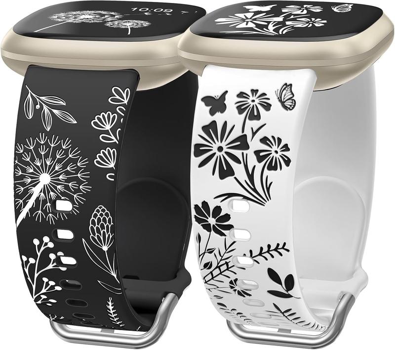 2 Packs Floral Engraved Band Compatible with  Versa 4 Bands Versa 3 Bands Sense 2 Sense Bands Women, Cute Two-Tone Flower Soft   Strap for Versa 3 4 Sense 2 Watch Band