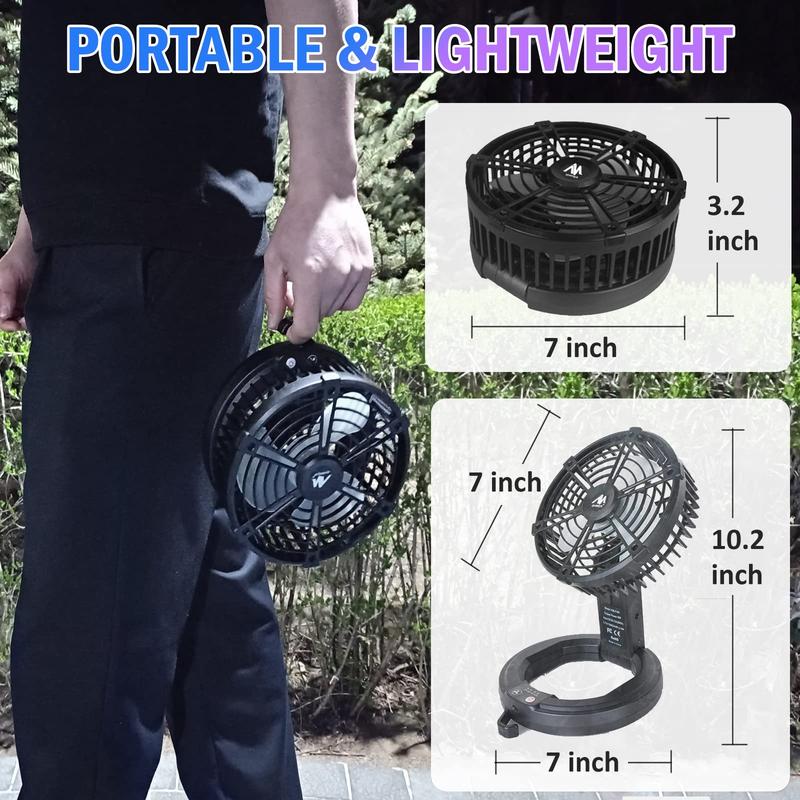 Foldable Camping Fan Rechargeable, Ayamaya 10400mAh Portable Battery Powered Camping Fan for Tents, Hangable USB Fans with LED Lantern Suitable for Fishing, Camping, BBQ, Workplace,Tent Fan with Light Button Mobile Adjustable Durable Equipment Charging