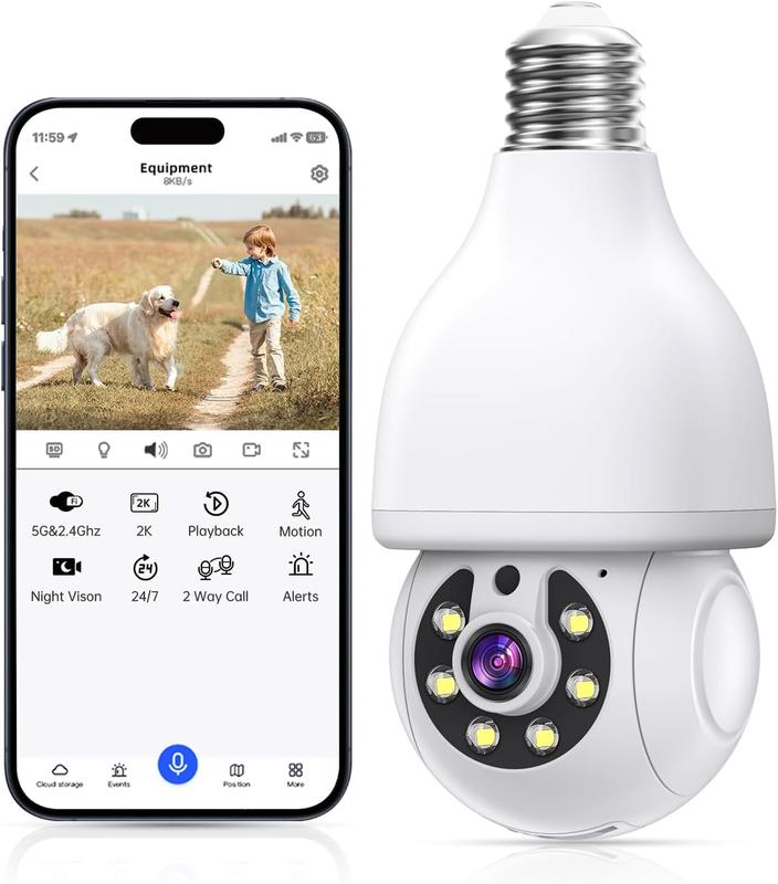 Wireless Light Bulb Security Camera with Two-Way Talk and Siren Alarm, 2K WiFi Outdoor Camera with 5G&2.4GHz Dual Band and Human Detection for Home Outdoor Security outdoor full bulb security waterproof security