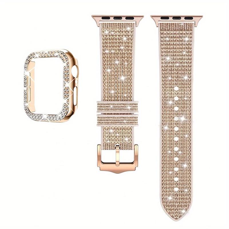 Fashionable Rhinestone Decor Watch Band & Watch Case Set, 1 Set Adjustable Silicone Watch Band with Hollow Out Watch Case, Smart Watch Accessories for Apple Watch Series