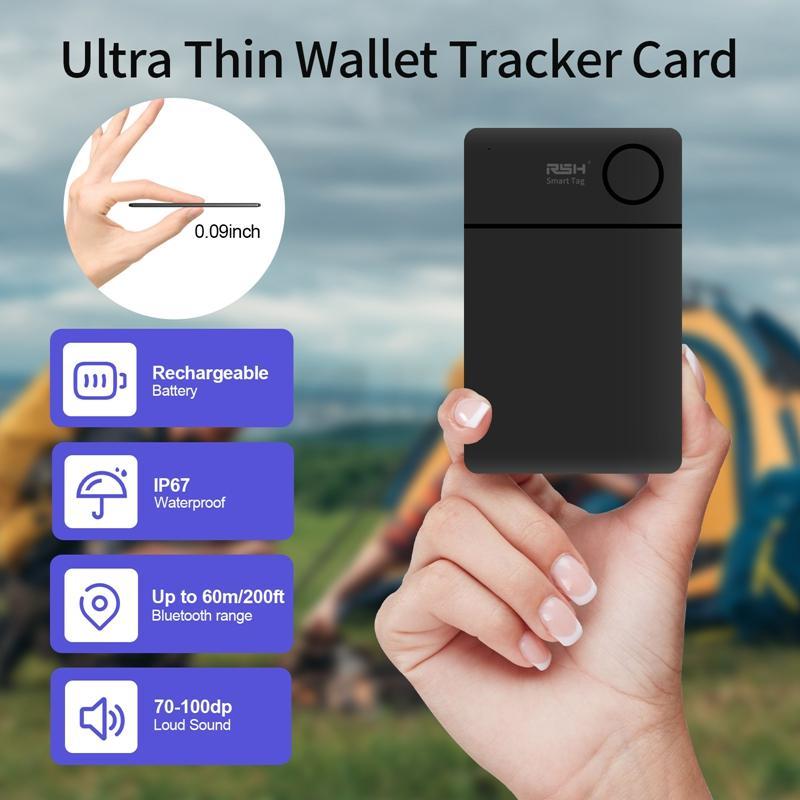 RSH Smart Tag, Ultra-thin Smart Tracker Locator, IP67 Waterproof Anti-lost Device, Rechargeable Smart Wallet Card Locator Compatible with Find My APP