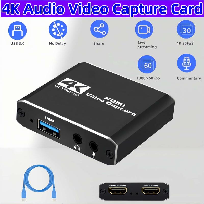 Capture Card, Audio Video Capture Card with Microphone 4K HDMI Loop-Out, 1080p 60fps Video Recorder for Gaming Live Streaming Video Conference, Works for Nintendo Switch PS4 OBS Camera PC Accessories 4K HDMI