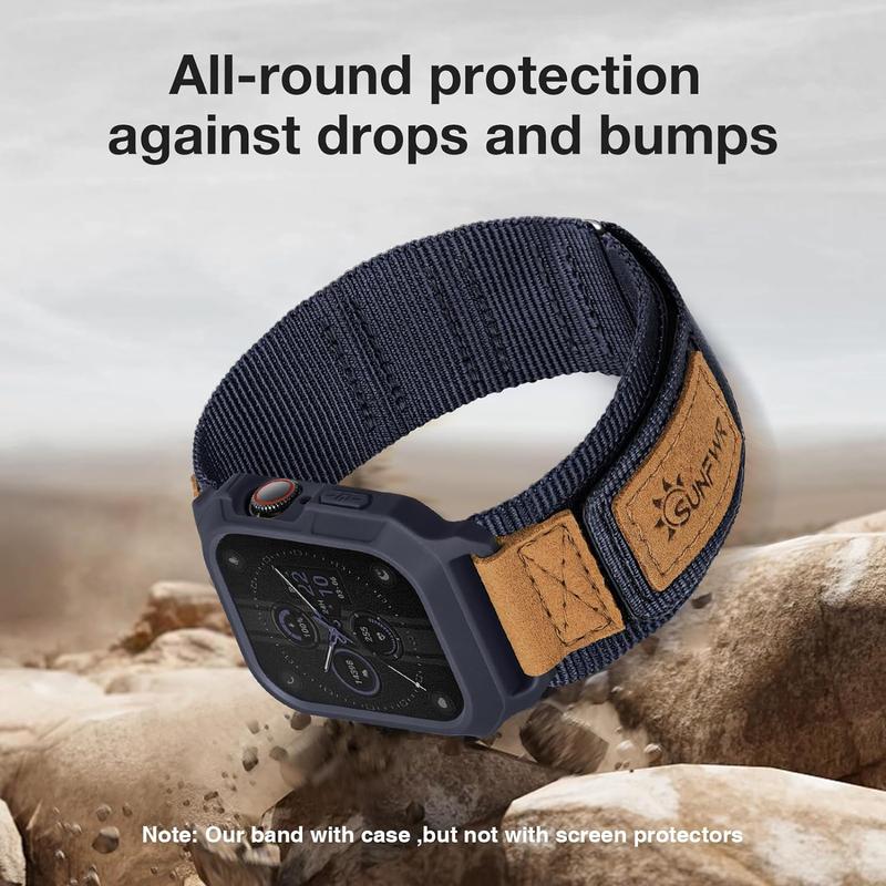 Sunfwr Watch Bands Compatible with Apple Watch 42mm 45mm 49mm with Case,Rugged Velcro Sport Apple Watch Strap with Protective Cover for iwatch Series 9 8 7 6 5 4 SE Accessories Wearable Durable Leather Protection