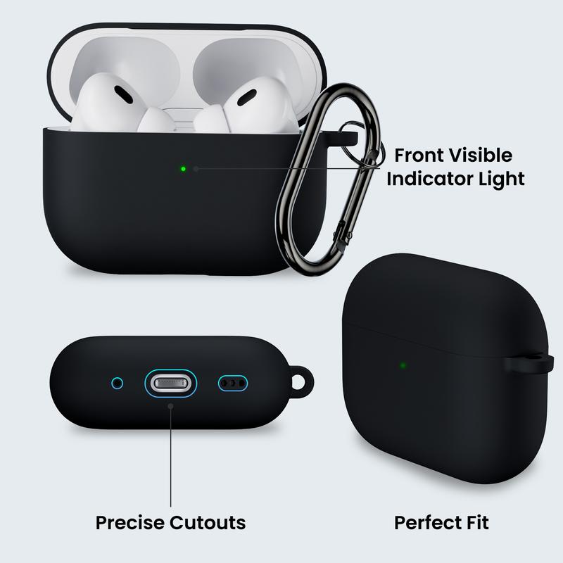 ORNARTO for Airpods Pro 2nd 1st Generation Case with Cleaner Pen, Eartips Cover, Full Protective Soft Silicone for AirPods Pro Case 2022 2019 with Keychain, Front LED Visible Skin Cover-Black Accessories Handheld