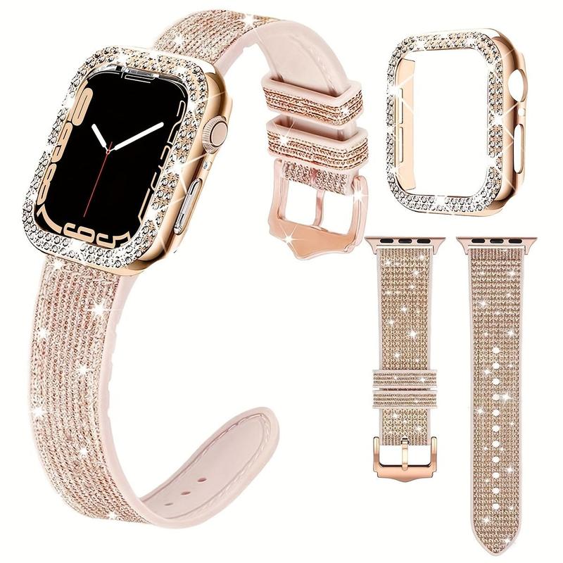 Fashionable Rhinestone Decor Watch Band & Watch Case Set, 1 Set Adjustable Silicone Watch Band with Hollow Out Watch Case, Smart Watch Accessories for Apple Watch Series