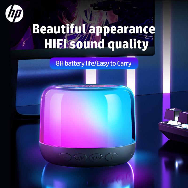 HP Portable Wireless Speaker, USB Rechargeable Wireless Speaker with 360° High Quality Sound, Cool Light Speaker for Camping, Home Decoration