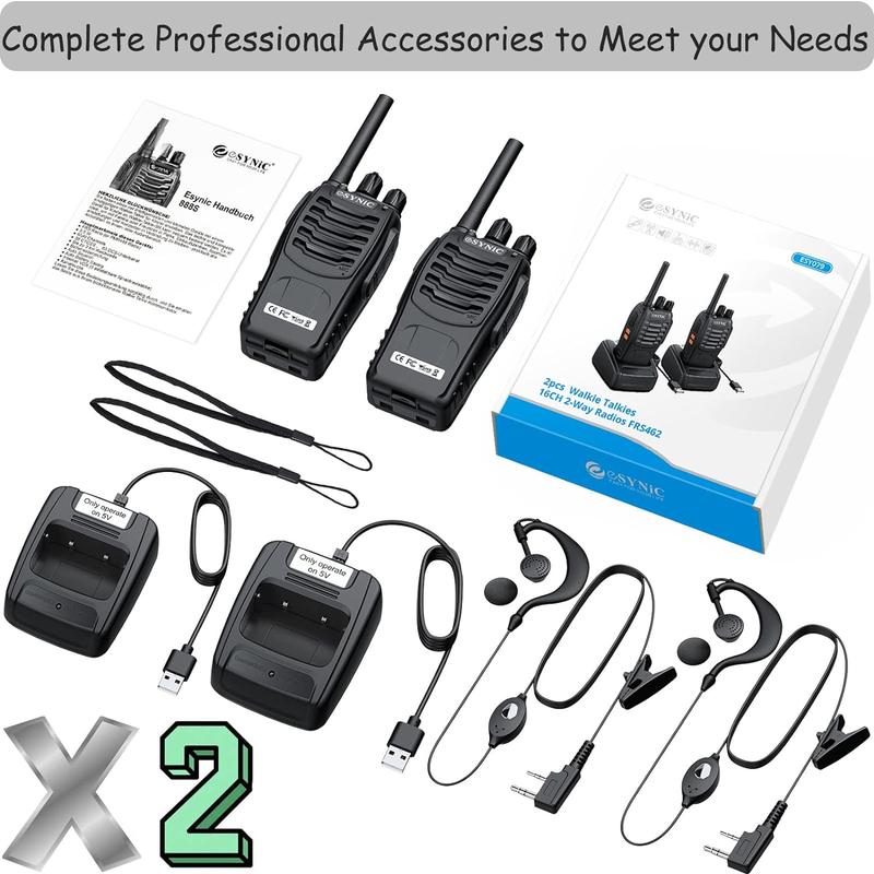 eSynic 4Pcs Professional Walkie Talkies Rechargeable Long Range 2 Way Radio Portable Walkie Talkies Supports VOX & 16CH Walky Talky with LED Light Earpieces for Activity etc Audio Mother's Day Gift