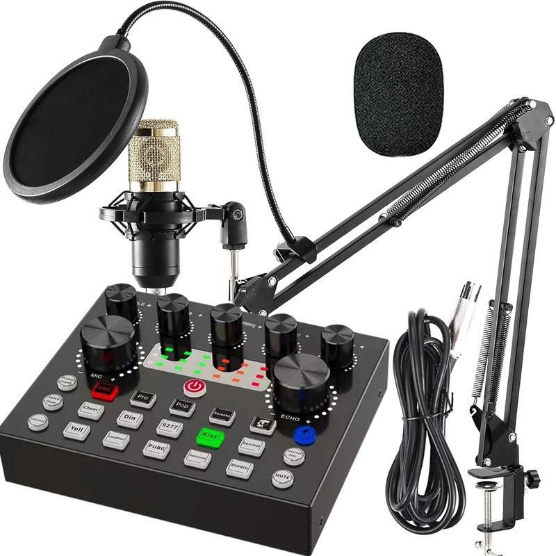 Podcast Equipment Bundle, Phantom Power with Microphone Interface, Sound Pads, Voice Changer with Studio Microphone, Perfect for Recording, Singing