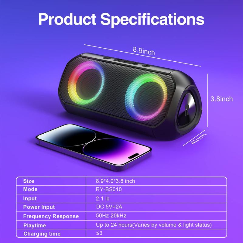 Bluetooth , Outdoor speaker,Blod Bass & Dynamic Lights Portable Wireless  with 24W Stereo Sound, TWS Mode, 24Hrs Playtime, IPX6 Waterproof, Audio Smartphone