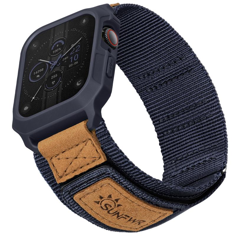 Sunfwr Watch Bands Compatible with Apple Watch 42mm 45mm 49mm with Case,Rugged Velcro Sport Apple Watch Strap with Protective Cover for iwatch Series 9 8 7 6 5 4 SE Accessories Wearable Durable Leather Protection