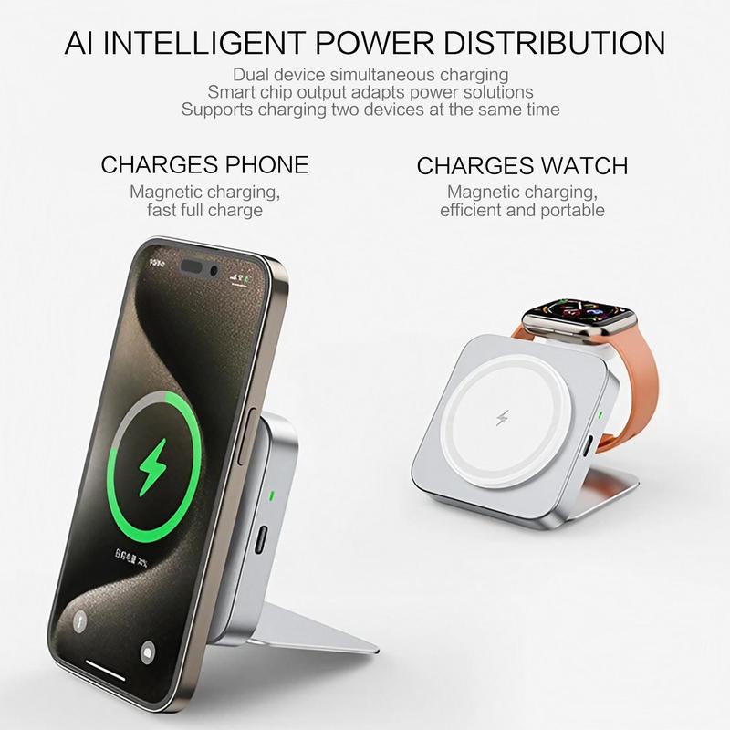 Wireless Charger, 2 in 1 Foldable Phone Holder, 15W Fast Charging Charger, Smart Charging Adapter for Phone & Watch