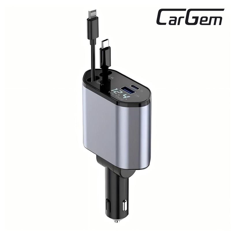 [Free shipping]CarGem 4 in 1 Retractable Car Charger, Car Accessories, 2 Fast Charging cables&Dual Charge Port Compatible with iPhone 16 15 14 13 12 11 Pro Max Plus iPad AirPods, Electronic Retractable Car Retractable Dual Smartphone Cellphone