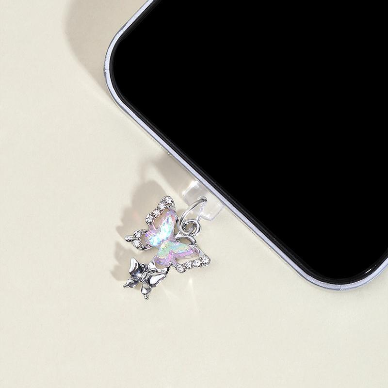 Rhinestone Butterfly Design Dust Plug, Charging Port Anti-dust Plug, Data Port Anti-dust Plug For Apple Port Type-C Port Mobile Phone