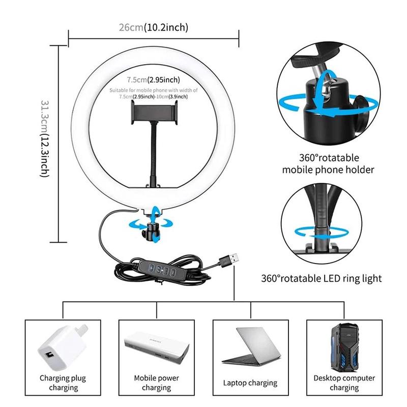 10 Inch Ring Light with Tripod Stand, 1 Set Beauty Lamp with Phone Clip & Retractable Tripod & Phone Holder, Dimmable LED Fill Light, Suitable for Selfie Camera Photography Makeup Video Vlogging Live Broadcast