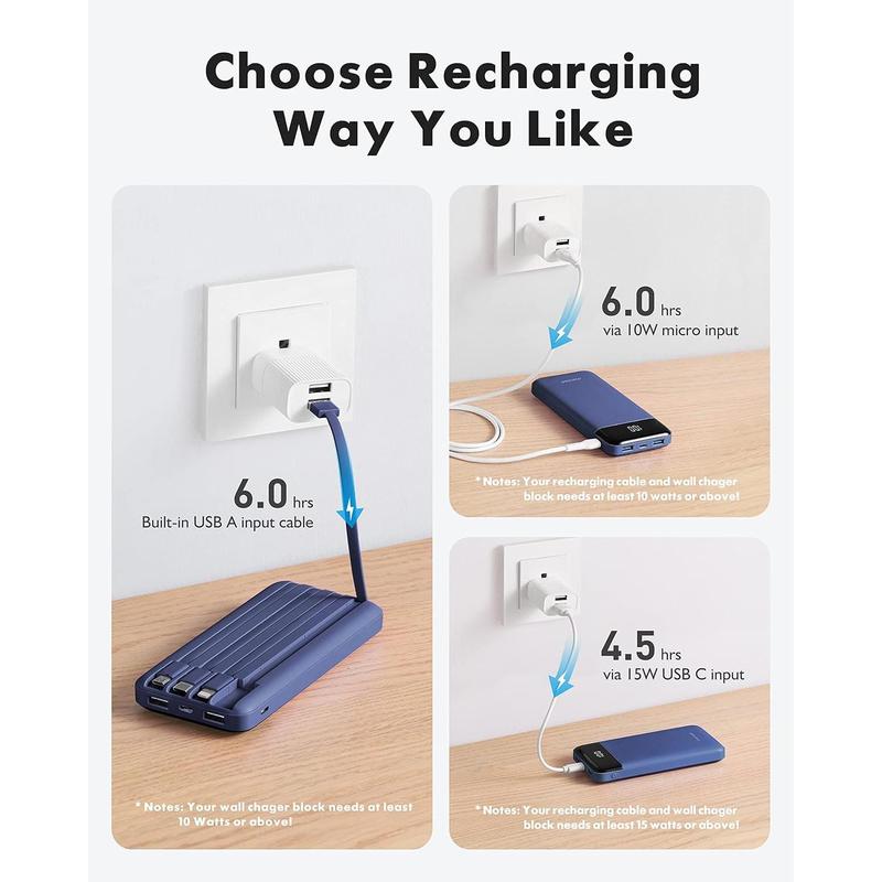 Portable Charger with Built in Cables, Portable Charger with Cords Wires Slim 10000mAh Travel Essentials Battery Pack 6 Outputs 3A High Speed Power Bank for iPhone Samsung Pixel LG Moto iPad