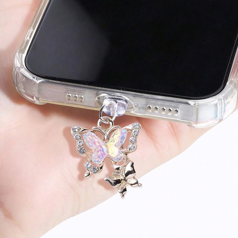 Rhinestone Butterfly Design Dust Plug, Charging Port Anti-dust Plug, Data Port Anti-dust Plug For Apple Port Type-C Port Mobile Phone