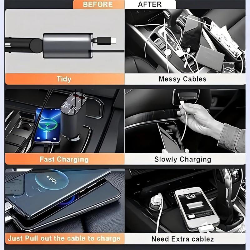 [Free shipping]CarGem 4 in 1 Retractable Car Charger, Car Accessories, 2 Fast Charging cables&Dual Charge Port Compatible with iPhone 16 15 14 13 12 11 Pro Max Plus iPad AirPods, Electronic Retractable Car Retractable Dual Smartphone Cellphone