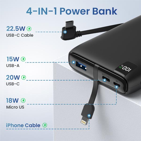 Cyber Monday Sale - Power Bank 27000mAh 22.5W Fast Charging Portable Charger PD USB C External Battery Pack with 4 Outputs Compatible with Cellphone Tablet Accessories Smartphone