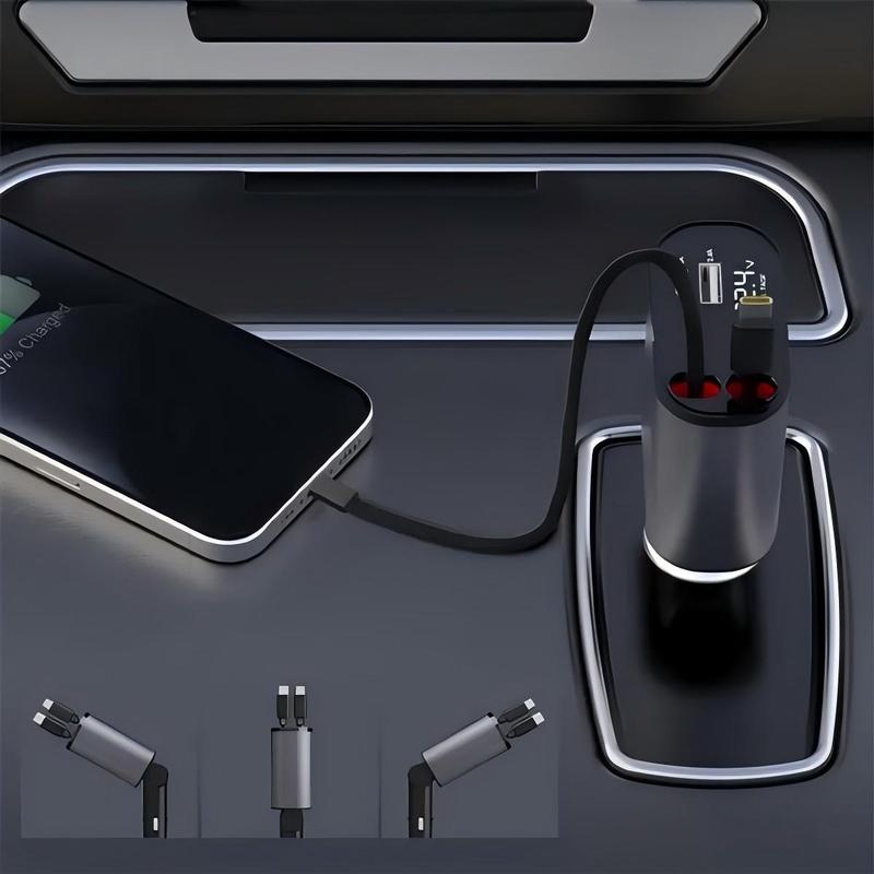 [Free shipping]CarGem 4 in 1 Retractable Car Charger, Car Accessories, 2 Fast Charging cables&Dual Charge Port Compatible with iPhone 16 15 14 13 12 11 Pro Max Plus iPad AirPods, Electronic Retractable Car Retractable Dual Smartphone Cellphone